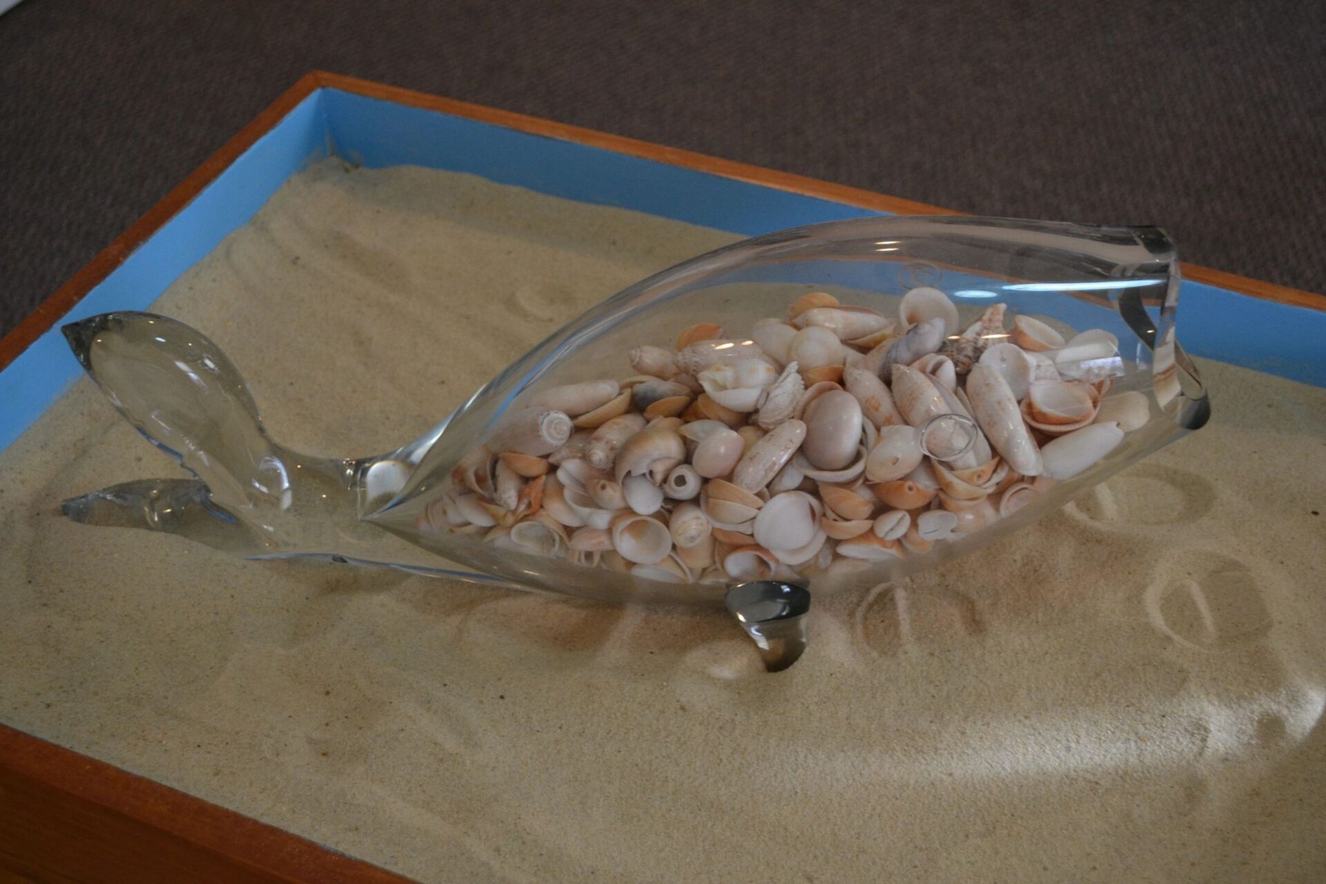 A glass fish with shells inside of it.